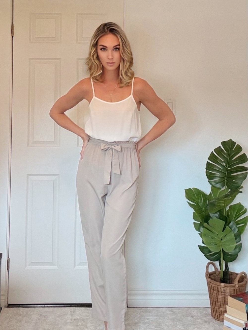 One Piece High-Waist Paperbag Tie-Waist Pants and White Camisole - Light Beige